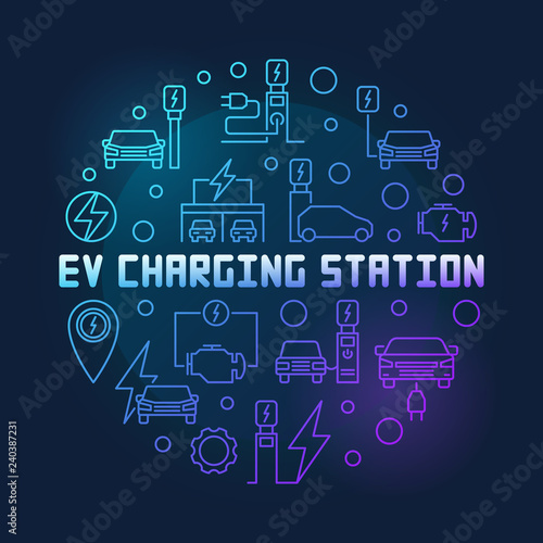EV charging station round vector blue illustration in thin line style. Electric Vehicle charging creative line symbol on dark background