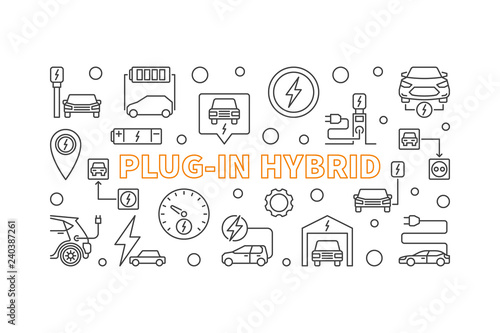Plug-in hybrid vector horizontal illustration or banner in outline style