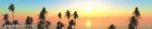Beautiful tropical island at sunset, panorama of sea landscape with palm trees,  3d rendering   © ustas