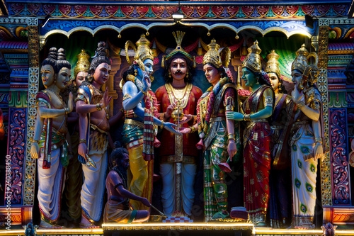 Sculptures representing religious deities on an Indiana temple.