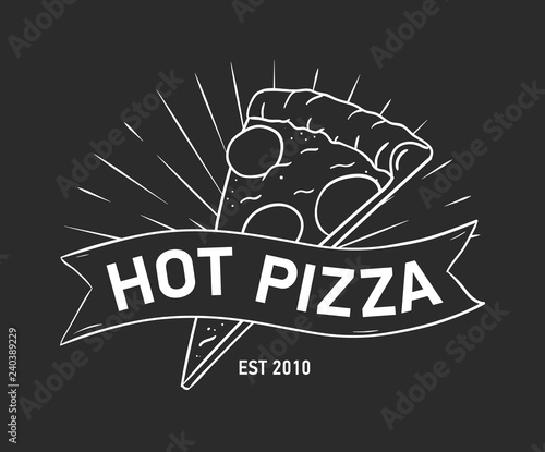 Emblem or logo with pizza slice and ribbon, tape or strip hand drawn with con...