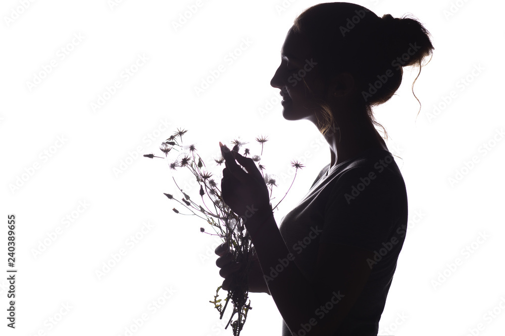 silhouette pof a beautiful girl with a bouquet of dry dandelions, the face profile of a dreamy young woman on a white isolated background