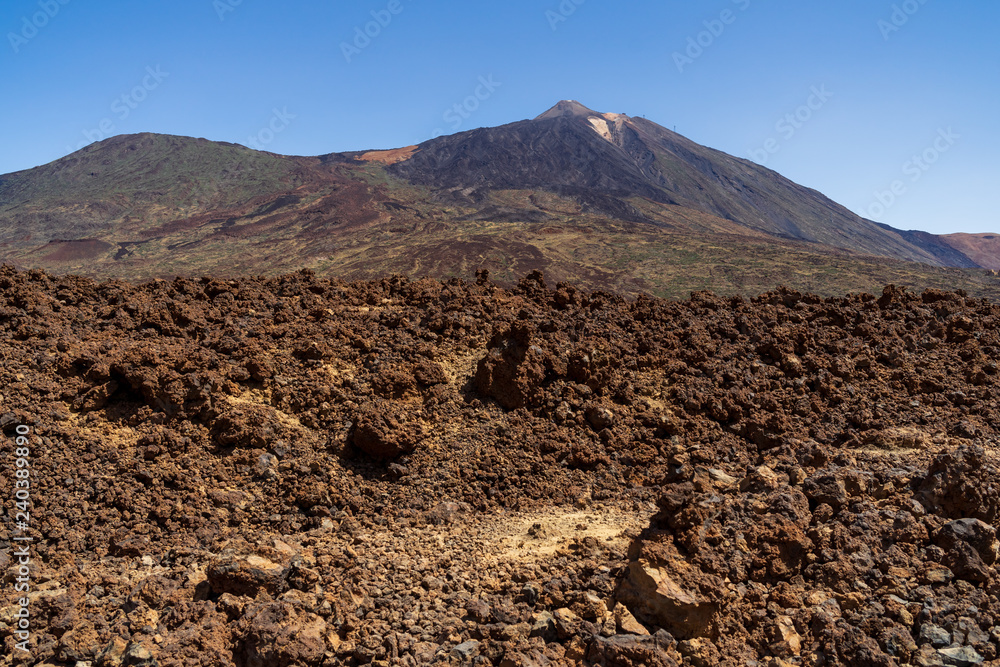 The lava fields of Las Canadas caldera and Teide volcano in the background. Tenerife. Canary Islands. Spain.