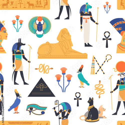 Seamless pattern with gods, deities and mythological creatures from ancient Egyptian mythology and religion, sacred animals, symbols, architecture and sculpture