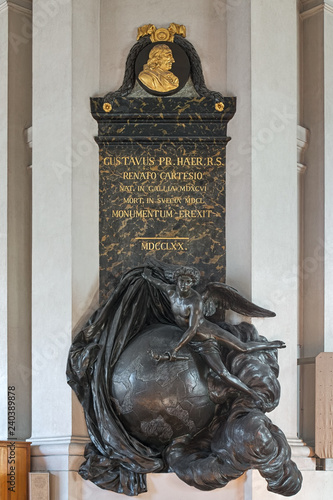 Stockholm, Sweden. Monument to Rene Descartes in Adolf Fredrik Church. Rene Descartes was initially buried at the graveyard of this church. The monument by Johan Tobias Sergel was erected in 1770. photo