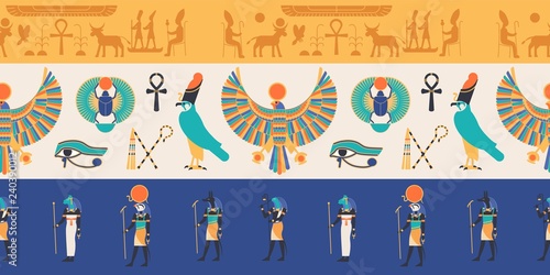 Seamless pattern with gods, deities and creatures from ancient Egyptian mythology and religion, hieroglyphs, religious symbols. Colorful flat vector illustration for textile print, backdrop.