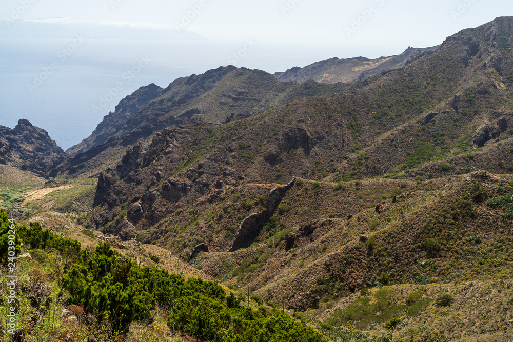 Vew of the Teno massif (Macizo de Teno), is one of three volcanic formations that gave rise to Tenerife, Canary Islands, Spain. View from the viewpoint - Mirador Altos de Baracan.