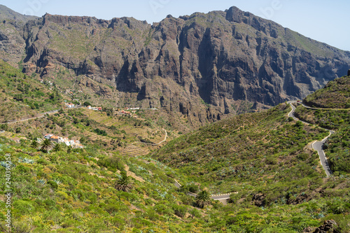 View of the Macizo de Teno mountains, Masca Gorge and mountain road to the village of Maska. Tenerife. Canary Islands. Spain. View from the viewpoint - Mirador de La Cruz de Hilda.