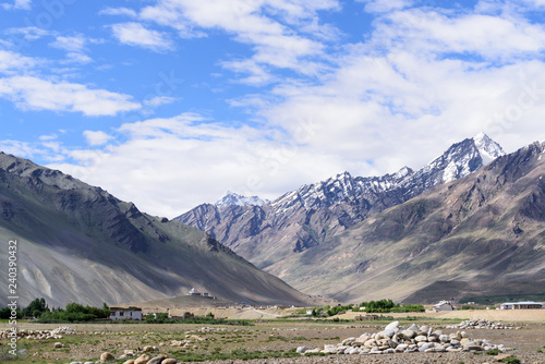 Zanskar -Padum valley landscape view with Himalaya mountains covered with snow and blue sky in Jammu & Kashmir, India,