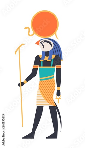 Ra - god of sun, creator, deity or mythological creature with bird, hawk or falcon head holding ankh symbol. Mythological character from ancient Egypt. Colorful vector illustration in flat style.