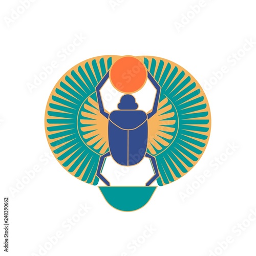 Scarab beetle holding sun, ancient Egyptian hieroglyphic sign or logograph is...
