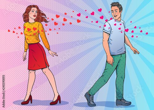 Man and woman fallen in love. Saw each other on the street. Love at first sight. Vector illustration. Love theme. Pop art style.