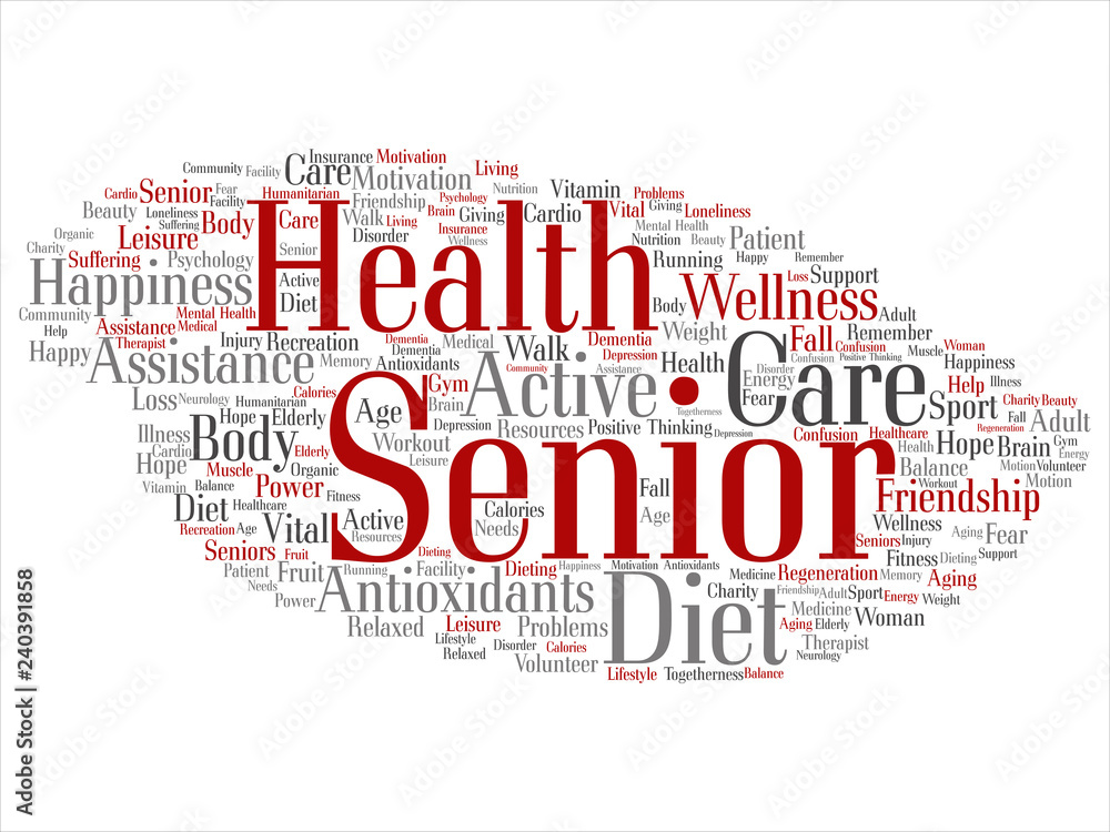 Vector concept conceptual old senior health, care or elderly people treatment abstract word cloud isolated background. A collage of healthcare, illness, medicine assistance, help, active or happy text