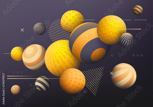 Background with golden  yellow and black decorative 3D balls. Abstract vector illustration.