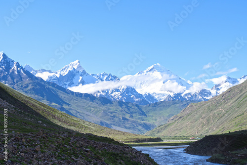 Jammu-Kashmir landscape with snow peaks,green valley and blue cloudy sky in background in India