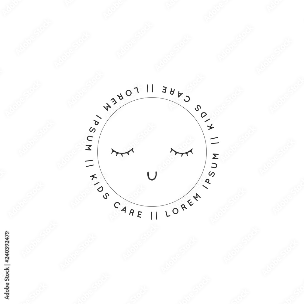 Cute kid's face with closed eyes. Hand drawn vector circle logo template. Cute kid's face with closed eyes. Hand drawn vector circle logo template.