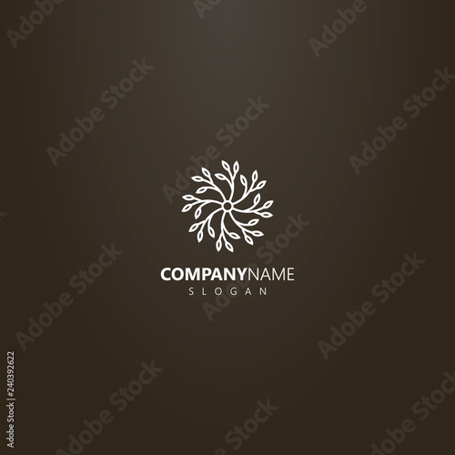 white logo on a black background. vector line art logo branches of plants arranged in a circle