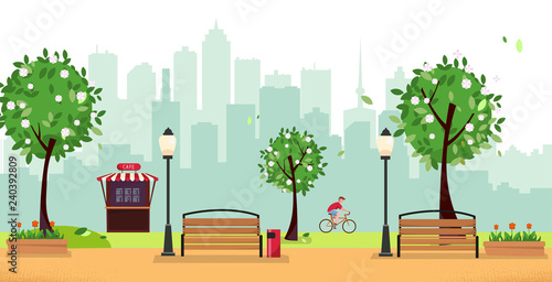 Fototapeta Naklejka Na Ścianę i Meble -  Spring park. Public park in the city with Street Cafe against high-rise buildings silhouette. Landscape with cyclist, blooming trees, lanterns, wood benches. Flat cartoon vector illustration