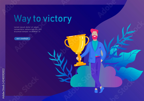 Business Team Success hold Golden winner cup, concept of people are happy with victory. Office Workers Celebrating with Big Trophy, ways goals, first place in business, financial growth. Landing page