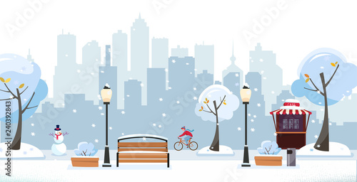 Winter snowy park. Public park in the city with Street Cafe against high-rise buildings silhouette. Landscape with cyclist, blooming trees, lanterns, wood benches. Flat cartoon vector illustration