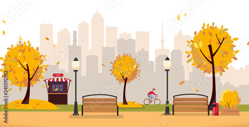 Aumumn leaf fall park. Public park in the city with Street Cafe against high-rise buildings silhouette. Landscape with cyclist, blooming trees, lanterns, wood benches. Flat cartoon vector illustration