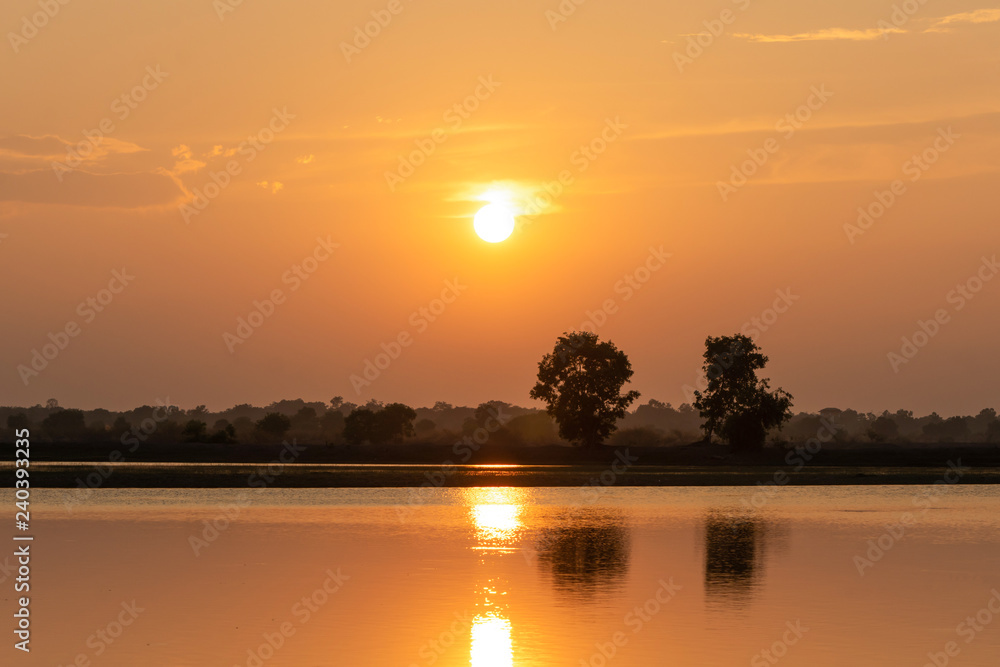 Beautiful sunset over lake and two tree silhouette background Beautiful sunset over lake and two tree silhouette background