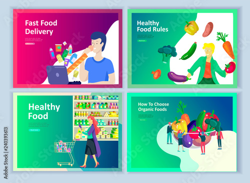 Landing page templates with people who prepare healthy organic food, simple recipes, how to choose products in the supermarket, food delivery and fast food. Culinary blog or diet concept