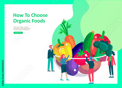 Landing page templates with people who prepare healthy organic food, simple recipes, how to choose products in the supermarket, food delivery and fast food. Culinary blog or diet concept