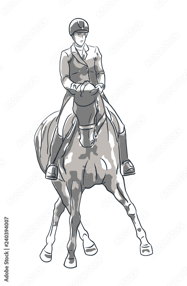 Equestrian sport. A sketch of a dressage rider on a horse executing the shoulder in. Equestrian sport. A sketch of a dressage rider on a horse executing the shoulder in.