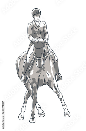 Equestrian sport. A sketch of a dressage rider on a horse executing the shoulder in.	