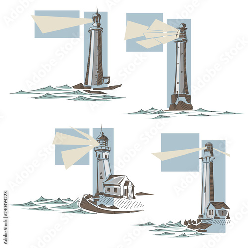 Set of simple cartoon illustrations of lighthouse.