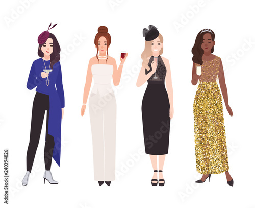 Set of young women in fancy evening outfits isolated on white background