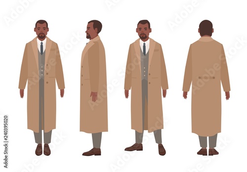 African American man dressed in elegant suit and trench coat. Male cartoon character in stylish outerwear isolated on white background. Front, side and back views. Flat cartoon vector illustration.