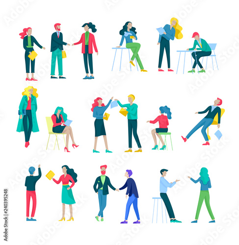 Businessmen making handshake, business etiquette, merger concepts office workers, clerks or managers talking to each other, discussing, depressed Tired male and female office workers sitting, sleeping