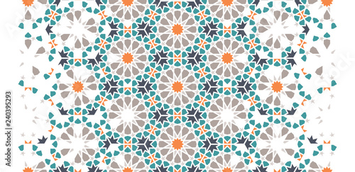Tile repeating vector border. Geometric halftone pattern with colorful arabesque disintegration