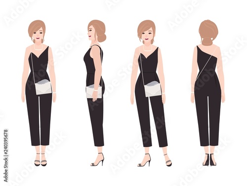 Gorgeous young woman with elegant hairstyle wearing elegant jumpsuit for form...