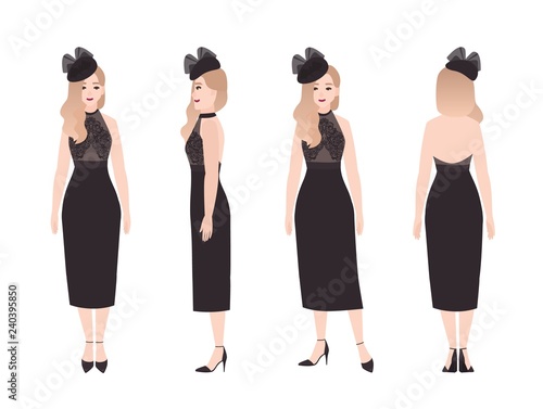 Smiling pretty woman wearing elegant luxury black evening dress for formal oc...