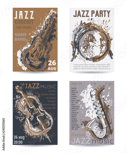 Jazz music party with musical instruments. Saxophone, guitar, cello, drum kit with grunge watercolor splashes. Design template for invitation, card, poster, placard and flyer. Vector illustration