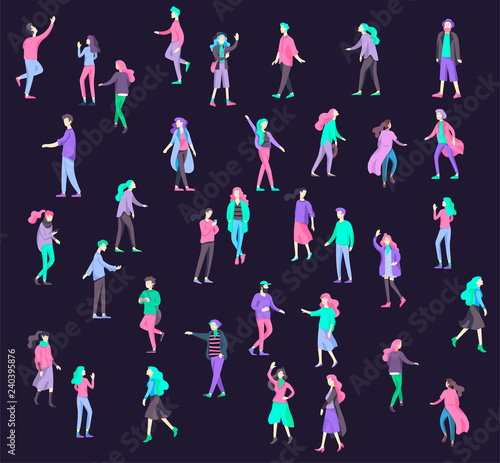 Vector people character walking on the street in autumn or winter clothes, friends and couples. Colorful Group of male and female flat cartoon characters