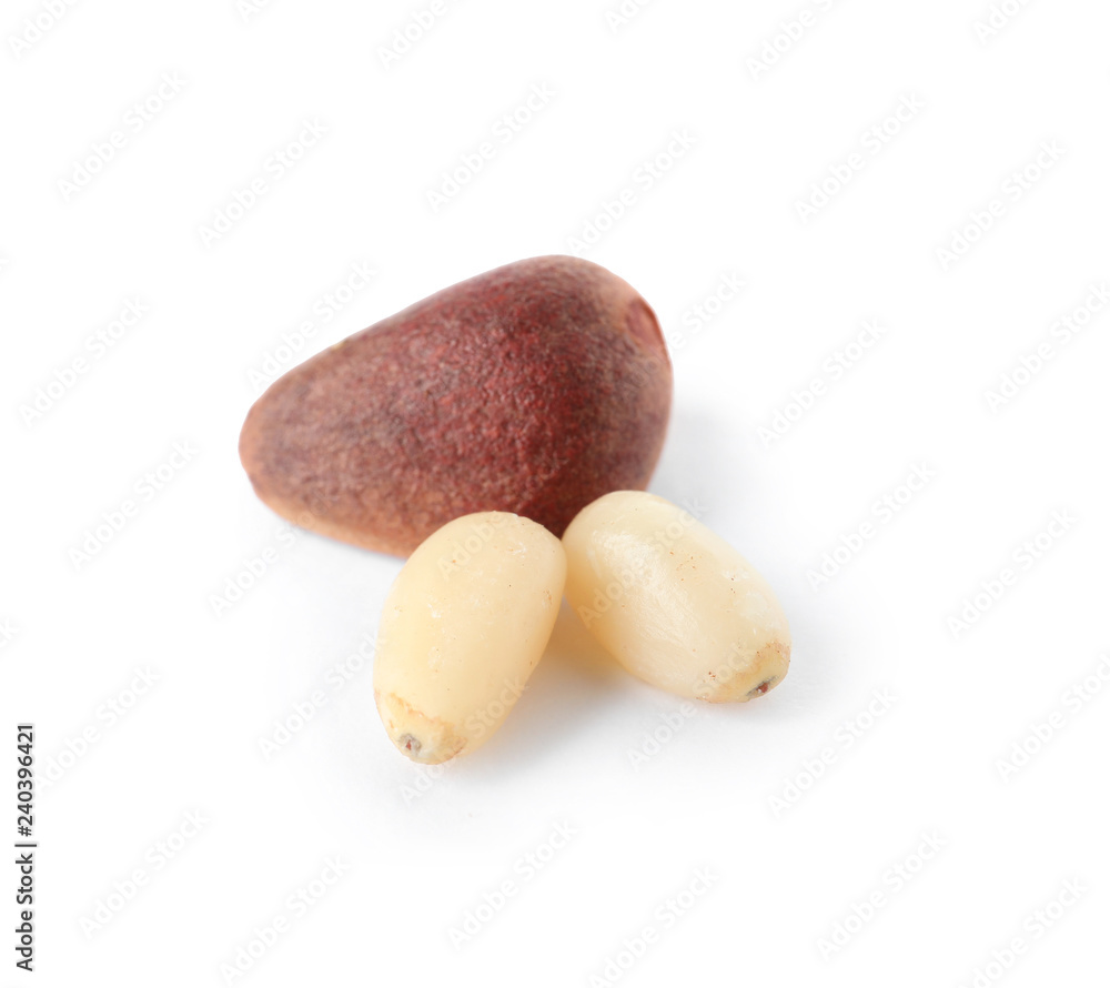 Pine nuts on white background. Healthy snack Pine nuts on white background. Healthy snack