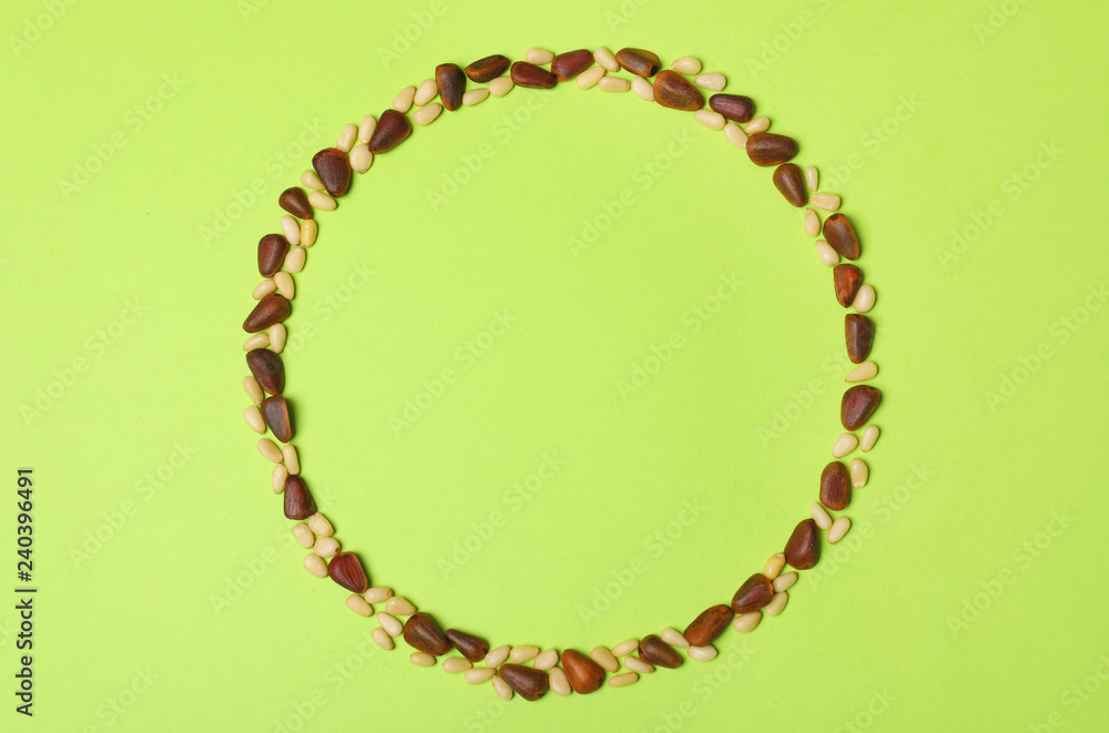 Frame made with pine nuts and space for text on color background, top view Frame made with pine nuts and space for text on color background, top view