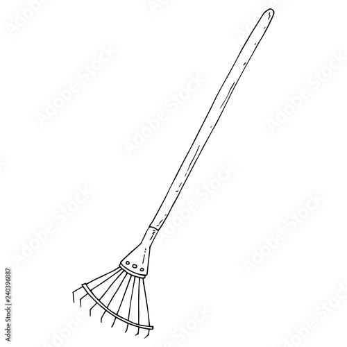 Fan rake with a long handle. Vector illustration garden tools. Hand drawn folding rake.