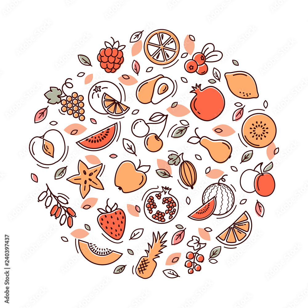 Set of vegetables and fruits icons illustration background in a circular shape Set of vegetables and fruits icons illustration background in a circular shape