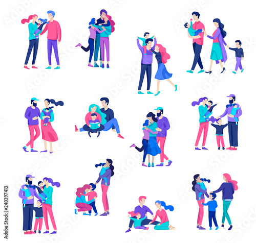 Family spend time together, happy parents with children. Vector people character. Editable outline stroke size. Colorful flat concept illustration.