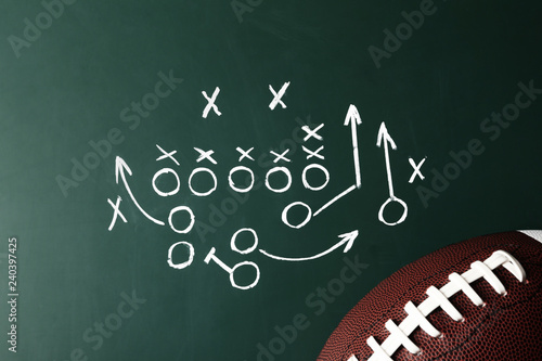 Chalkboard with football game scheme and rugby ball, top view photo