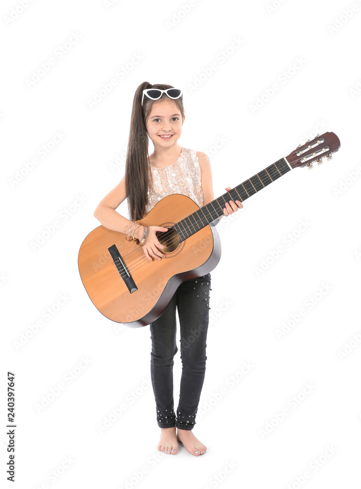 Little cheerful girl playing guitar, isolated on white Little cheerful girl playing guitar, isolated on white