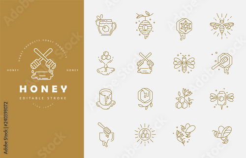 Vector icon and logo honey. Editable outline stroke size. Line flat contour, thin and linear design. Simple icons. Concept illustration. Sign, symbol, element.