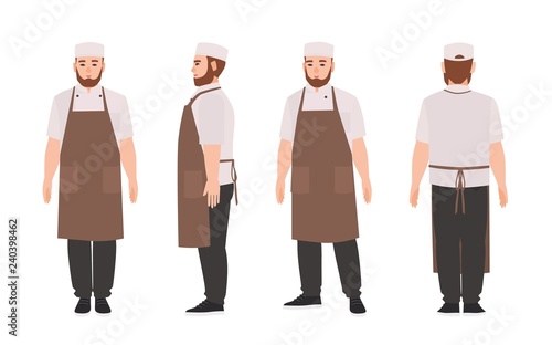 Waiter, professional restaurant and kitchen worker wearing apron. Cute male cartoon character isolated on white background. Front, side, back views. Colorful vector illustration in flat cartoon style.