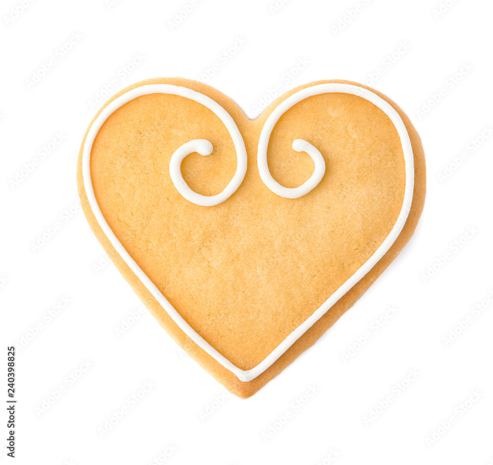 Decorated heart shaped cookie on white background, top view Decorated heart shaped cookie on white background, top view