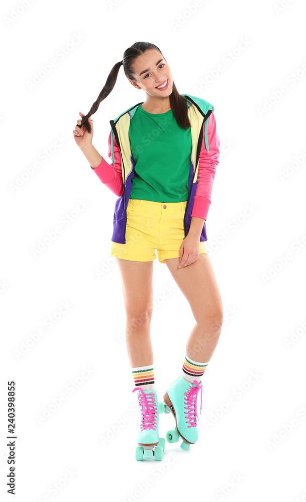 Full length portrait of young woman with roller skates on white background Full length portrait of young woman with roller skates on white background